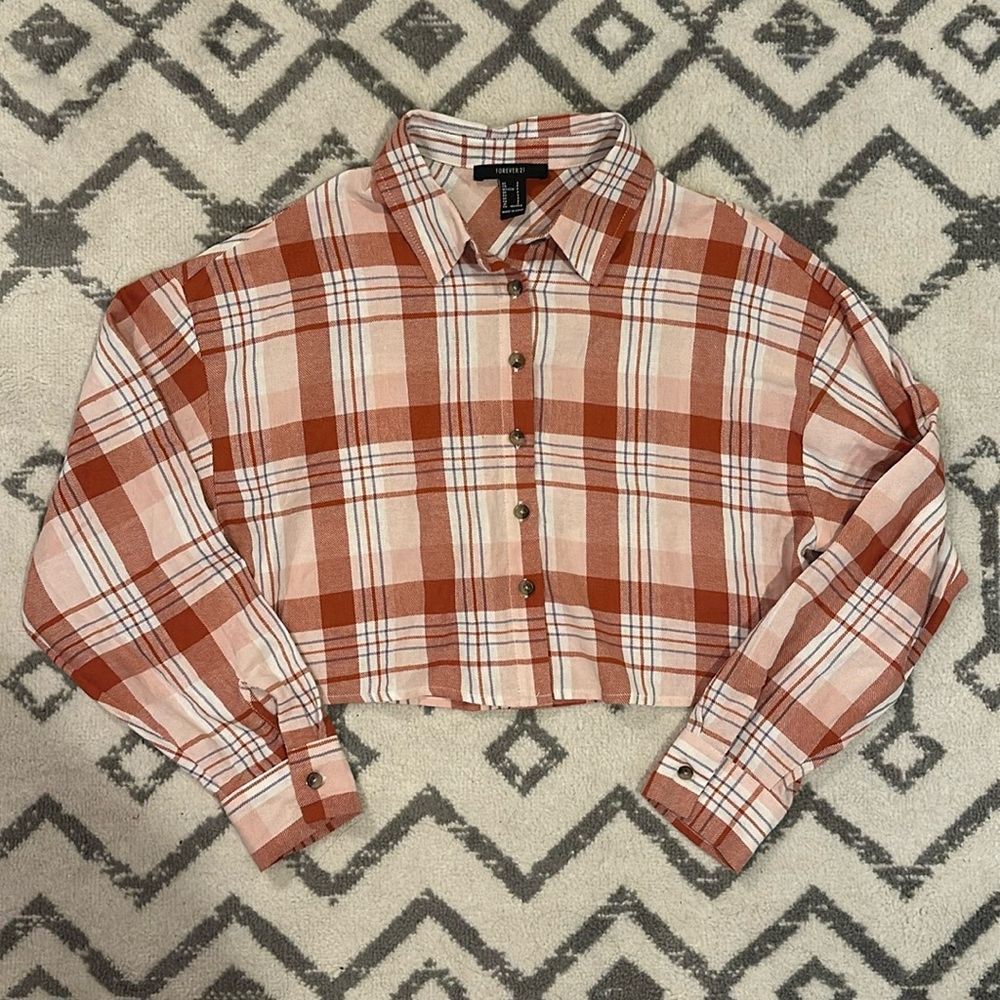 Forever 21 Cropped Button-Down Flannel Top Sz S - Rust/Orangish Pink